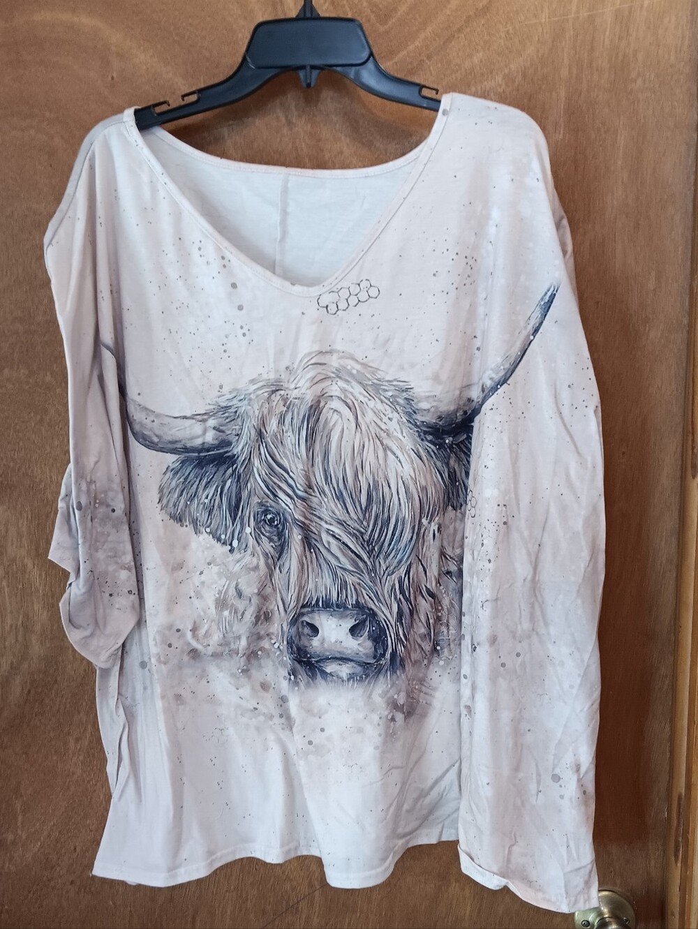 Womens Cream Graphic Long-Sleeve Top with Highland Cow Print